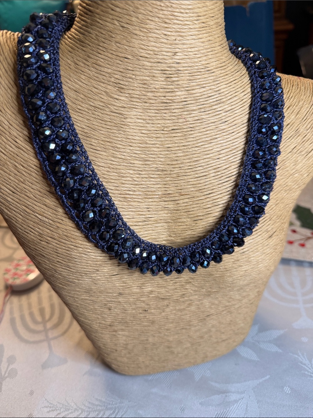 Handcrafted Navy Beaded Collar Necklace - Women Jewelry